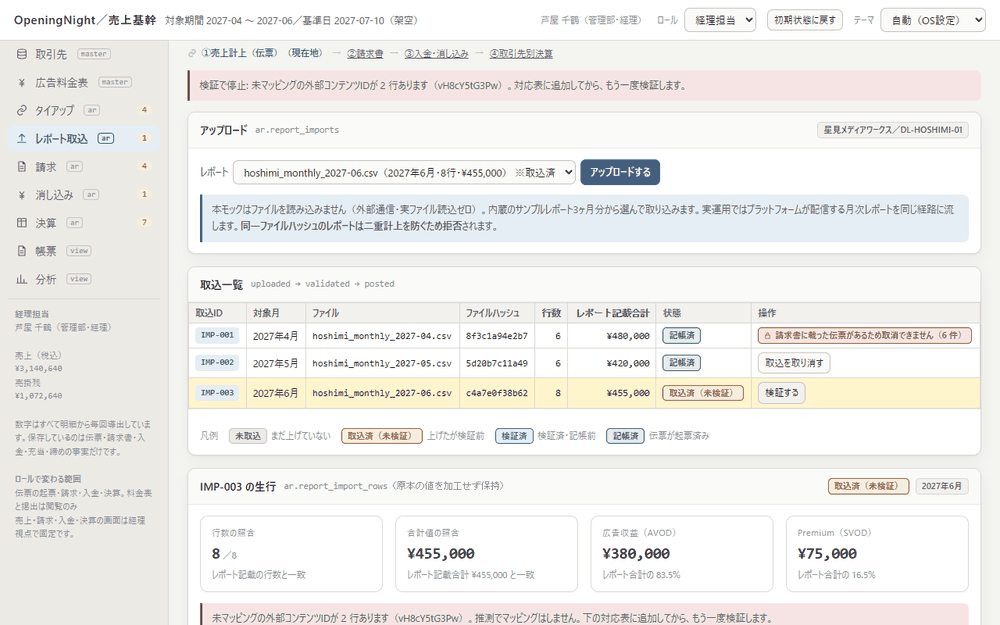 商品への対応が未確認の外部IDを表示し検証を停止している売上基幹の画面